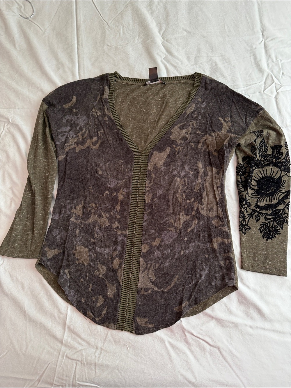 Desigual Olive Green and Black V-Neck Knit Top - Picture 2 of 3